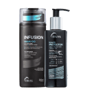 A imagem mostra dois produtos da marca TRUSS: shampoo Infusion em uma embalagem preta de 300ml. O frasco é retangular com detalhes em cinza e azul turquesa. O outro produto é o leave-in Hair Protector em uma embalagem preta de 250ml.