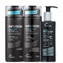 A imagem mostra shampoo e condicionador TRUSS Infusion de 300ml cada. Traz ainda o leave-in Hair Protector Daily Protector de 250ml. As embalagens possuem cor predominantemente preta com tons de cinza, prata e azul.