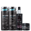 A imagem mostra produtos da marca TRUSS:  shampoo e condicionador "Infusion" de 300ml cada, ativador de cachos "Fluid Fix" 250ml e a máscara capilar "Net Mask" 30g. As embalagens apresentam cores escuras, com detalhes metálicos, roxos, azuis e cinzas.