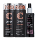 A imagem mostra produtos da marca TRUSS: shampoo e condicionador "Curly" de 300ml cada, e ativador de cachos "Fluid Fix" de 250ml. As embalagens apresentam design elegante, cor predominantemente preta e detalhes em laranja e roxo.