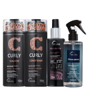 A imagem mostra produtos da marca TRUSS: shampoo e condicionador de 300ml, ativador de cachos Fluid Fix de 250ml e máscara líquida Frizz Zero de 260ml. Os frascos apresentam design elegante, cor predominantemente preta.