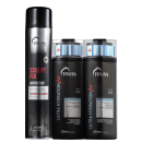 A imagem mostra produtos para cabelos da marca Truss lado a lado. Os produtos apresentados são: Sculpt Fix Hairspray em lata preta de 500ml que promete fixação extra forte. Shampoo e Condicionador Ultra Hydration Plus, ambos em embalagem preta de 300ml.