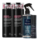 A imagem mostra 4 produtos TRUSS lado a lado. Temos o shampoo e condicionador Perfect, com embalagem preta e letras em rosa e branco; e Frizz Zero de embalagem spray com tampa preta e rótulo azul, e Gloss Shine de frasco preto com letras lilás.