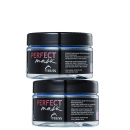 A imagem mostra dois potes da Perfect Mask, um em cima do outro. A embalagem é transparente com rótulo e tampa pretos; e letras em rosa e branco.