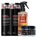 A imagem mostra o shampoo e condicionador Perfect, com embalagem preta e letras em rosa e branco; o Beach Waves de embalagem spray com rótulo laranja; e a máscara Miracle Summer com rótulo preto e detalhes laranja com letras brancas.