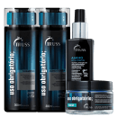 A imagem mostra shampoo, condicionador e máscara da linha Uso Obrigatório, mais o protetor térmico Amino. Todos os produtos estão lado a lado e possuem embalagem preta, com rótulo em detalhes azuis e letras brancas.