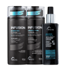 A imagem mostra o shampoo e o condicionador Infusion ao lado do protetor térmico Amino. Todos possuem embalagem preta com letras brancas no rótulo e detalhes azuis.