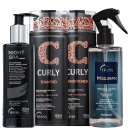 A imagem mostra o shampoo e condicionador Curly, com embalagem preta, detalhes em salmão e letras brancas; o Night Spa em embalagem pump preta, com letras brancas e detalhes azul no rótulo; e o Frizz Zero com embalagem spray, rótulo azul e letras brancas.
