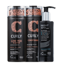 A imagem mostra um shampoo, um condicionador e um sérum noturno. O shampoo e o condicionador possuem um frasco preto com as informações destacadas em um tom rosê metalizado e prata. Já o sérum tem um frasco preto com válvula pump.