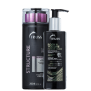 A imagem mostra dois produtos de cuidados capilares da marca Truss. O primeiro é um shampoo que vem em um frasco preto com detalhes em roxo/lilás. O segundo produto é um leave-in que vem uma embalagem preta com detalhes prateados.