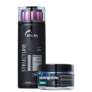 A imagem mostra dois produtos de cuidados capilares da marca Truss. O primeiro é um shampoo apresentado em um frasco preto com detalhes em roxo. O segundo produto é uma máscara capilar que vem em um pote transparente com rútulo preto e detalhes em azul.