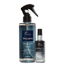 A imagem mostra uma máscara capilar líquida em um frasco transparente, permitindo ver o líquido dentro, e tem um borrifador preto. O segundo produto é um óleo nutritivo com frasco menor e design preto degradê.