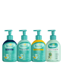A imagem traz shampoo, condicionador, sabonete líquido e loção hidratante da Pampers. Todos dispostos lado a lado em fileira em embalagens de cor verde clara com ilustrações infantis de flor e pato.