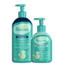 A imagem mostra shampoo 400ml e condicionador 200ml em embalagem pump na cor verde claro com ilustração de um patinho no rótulo.