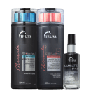 A imagem traz 3 produtos: shampoo 300ml em embalagem preta com detalhes azul e laranja; condicionador 300ml em embalagem preta com detalhes laranja e óleo capilar 60ml, com embalagem spray base transparente e parte superior preta.