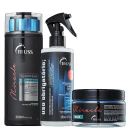 Produtos capilares TRUSS. Shampoo de 300ml com rótulo "Miracle". Spray leave-in de 260ml, "Uso Obrigatório" para reconstrução. Máscara preta de tratamento intensivo  "Miracle", para cabelos secos e danificados.