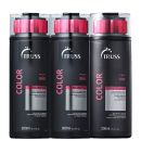 A imagem mostra três frascos de produtos para cabelos coloridos da marca Truss. São dois shampoos e um condicionador, todos com embalagens pretas de 300ml.