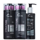 Produtos para cabelo da marca TRUSS. Dois frascos de plástico preto de 300ml cada, um contendo shampoo "Structure" e o outro condicionador "Structure". Também há um frasco de 250ml contendo um creme gel protetor diário "Hair Protector".