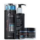 A imagem mostra uma linha de produtos para cabelos da marca TRUSS. Há um shampoo Miracle em uma embalagem preta, um frasco de sérum noturno Night Spa com bomba dosadora, e uma máscara de tratamento Miracle em um pote transparente com tampa preta.