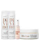 A imagem mostra uma linha de produtos para cabelos da marca Braé. Há dois frascos grandes de shampoo e condicionador da linha "Divine", um frasco menor spray de tratamento capilar "Essential" e um pote branco de máscara de tratamento capilar "Divine".