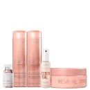 A imagem mostra uma linha de produtos para cabelos da marca Braé. Há dois frascos cilíndricos rosados de shampoo e condicionador da linha Revival, um frasco borrifador branco com o nome "Essential", um pote de máscara Revival e uma ampola Revival.