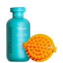 A imagem traz shampoo esfoliante em embalagem verde de 200ml e escova para couro cabeludo amarela.