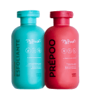 A imagem traz shampoo esfoliante em embalagem verde de 200ml e pré-poo em embalagem vermelha de 200ml.
