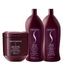 Três produtos da marca Senscience: um frasco de máscara hidratante Inner Restore de 500 ml, um frasco de shampoo True Hue de 1 litro e um frasco de condicionador True Hue de 1 litro, todos em embalagens de cor vinho escuro.