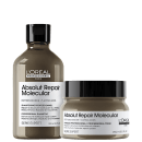 A imagem mostra dois produtos da linha L'Oréal Professionnel Série Expert Absolut Repair Molecular: um shampoo em um frasco marrom com tampa preta, contendo 300ml e uma máscara capilar em um pote plástico marrom com tampa preta, contendo 250ml.