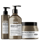 A imagem mostra três produtos da linha Absolut Repair Molecular da L'Oréal Professionnel. O primeiro é um sérum em um frasco com bomba dosadora preta, contendo 250ml. O segundo é um shampoo de 500ml. O terceiro é uma máscara capilar em um pote de 500ml.
