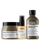 A imagem mostra três produtos da L'Oréal Professionnel. O primeiro é a máscara Absolut Repiar Molecular de 500ml, com embalagem marrom. O segundo é o óleo Absolut Repair Oil 30ml. O terceiro é Shampoo Absolut Repair Molecular 300ml, com frasco marrom.