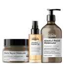A imagem mostra três produtos da L'Oréal Professionnel. O primeiro é a máscara Absolut Repiar Molecular, com embalagem marrom. O segundo é o óleo Absolut Repair Oil, dourado. O terceiro é Shampoo Absolut Repair Molecular, com frasco marrom.