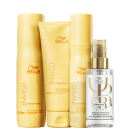 A imagem mostra quatro produtos da marca Wella Professionals. Shampoo, Condicionador e Leave-in Invigo Sun em embalagens amarelas e detalhes em laranja; e o óleo Oil Reflections Light, em um frasco transparente com detalhes em dourado.