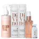 A imagem mostra uma linha de produtos para cabelos da marca Braé. Há um frasco spray Essential, dois frascos de shampoo e condicionador Divine, um óleo capilar Revival e uma ampola capilar Divine.