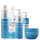 A imagem mostra uma linha de produtos de cuidados capilares chamada Hidratei. Há frascos e embalagens de plástico branco e azul claro. Os produtos incluem shampoo, condicionador, spray multifuncional e uma máscara capilar.