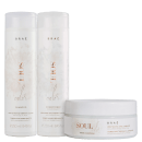 A imagem mostra três produtos de cuidados capilares da marca Braé. Dois são frascos cilíndricos de plástico branco, um contendo shampoo e o outro condicionador, ambos da linha "Color".  O terceiro produto é uma máscara capilar da mesma linha.