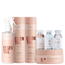 A imagem mostra uma linha de produtos para cabelos da marca Brae. Há um spray, máscara, shampoo e condicionador da linha "Essential". Também há três ampolas de tratamento intensivo em frascos transparentes: "Revival", "Divine" e "Soul Color"