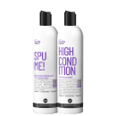 Dois frascos de plástico brancos de 300ml contendo shampoo e condicionador para cabelos cacheados da linha Curly Care.