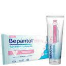 Produtos Bepantol para cuidados com a pele de bebês. Um é uma caixa de lenços umedecidos hipoalergênicos Bepantol Baby com pró-vitamina B5, em tons de rosa e azul. A caixa contém 48 unidades. O outro é um tubo de pomada para assaduras.