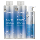 Produtos Joico para cabelos grossos e secos. Dois frascos grandes de shampoo e condicionador. Um frasco menor de bálsamo de tratamento da mesma linha. Todos com rótulos destacando o selo de originalidade da marca e o nome "Joico" em letras maiúsculas.