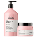 O produto apresentado é um shampoo e uma máscara para cabelos coloridos da linha Vitamino Color da L'Oréal Professionnel.