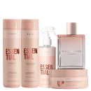 A imagem mostra uma linha de produtos de cuidados capilares da marca Brae. São itens da linha Essential, além de um perfume capilar denominado "Blooming Rose"