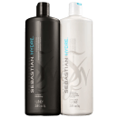 São dois frascos de produtos para cabelo da marca Sebastian Professional. Um frasco é preto, contendo shampoo. O outro frasco é branco, contendo condicionador, com o rótulo "Sebastian Hydre" em letras azuis e um desenho ondulado.