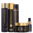 Produtos de cuidados capilares Sebastian Professional. Frascos de shampoo e condicionador na cor roxa e dourada. Um frasco menor de tratamento capilar na mesma cor. Uma máscara capilar em embalagem dourada e roxa, com o logotipo Sebastian.