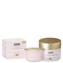 Produtos de cuidados com a pele da marca ISDIN. Um frasco de creme hidratante Hyaluronic Moisture em embalagem branca com detalhes dourados. Ao lado, uma embalagem retangular branca com a inscrição "REFIL" e o logotipo da marca.
