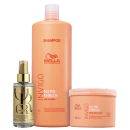 A imagem mostra três produtos de cuidados capilares da linha Wella Professionals Nutri-Enrich. O primeiro é um shampoo de 1 litro. O segundo é um tratamento intensivo de 500ml. O terceiro é um óleo capilar de 100ml.