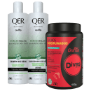 Dois frascos brancos de shampoo e condicionador da linha Qer Curlystyling da marca Griffus para cabelos ondulados, cacheados e crespos. Um pote preto com tampa vermelha da linha Divas da mesma marca, com o nome "Cachos Disciplinados".