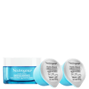 A imagem mostra uma embalagem de gel hidratante facial azul com tampa branca ao lado de dois refis, com embalagem azul.