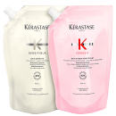 A imagem mostra duas embalagens de refil de shampoo, uma bege e outra rosa, ambas com letras pretas.