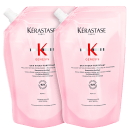 A imagem mostra duas embalagens de refil de shampoo, rosa com letras pretas.